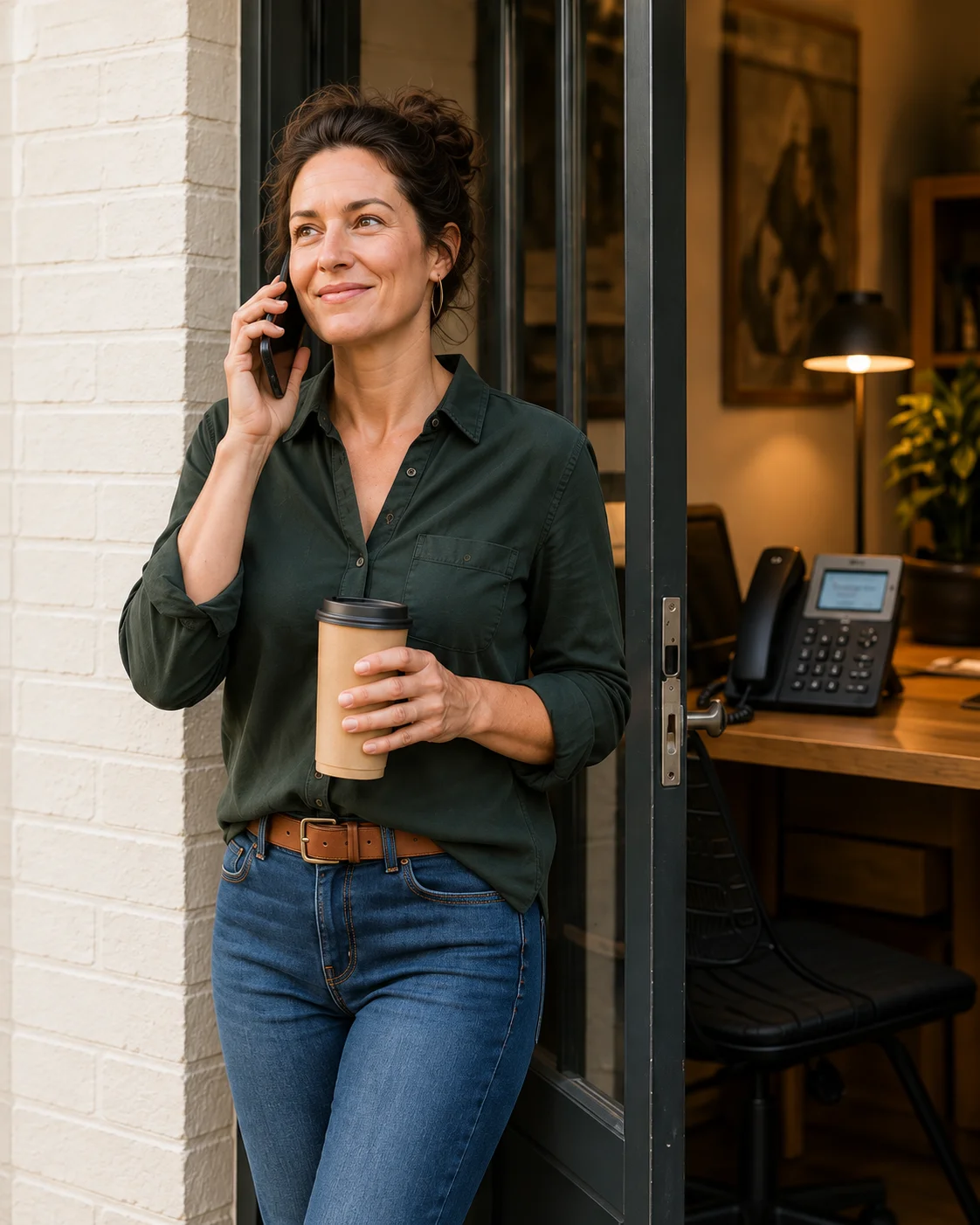 A business owner takes a mobile call outside her office, with a desk phone visible inside.