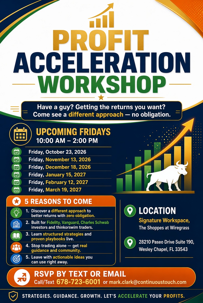 Profit Acceleration Workshop flyer with six upcoming Friday dates, venue details, five reasons to attend, and RSVP information