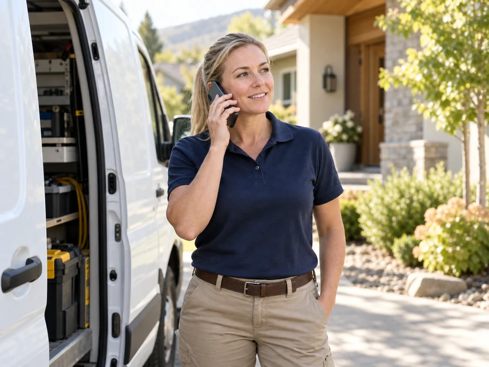 Field-service professional taking a mobile call beside her work van.