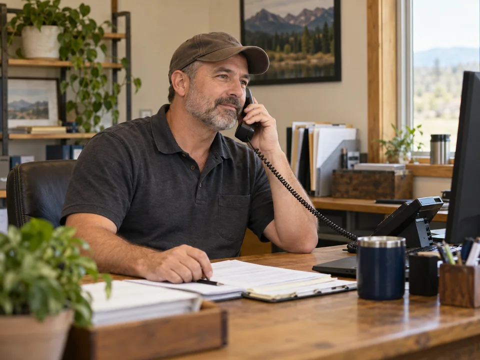 Business owner answering a desk phone in his office.